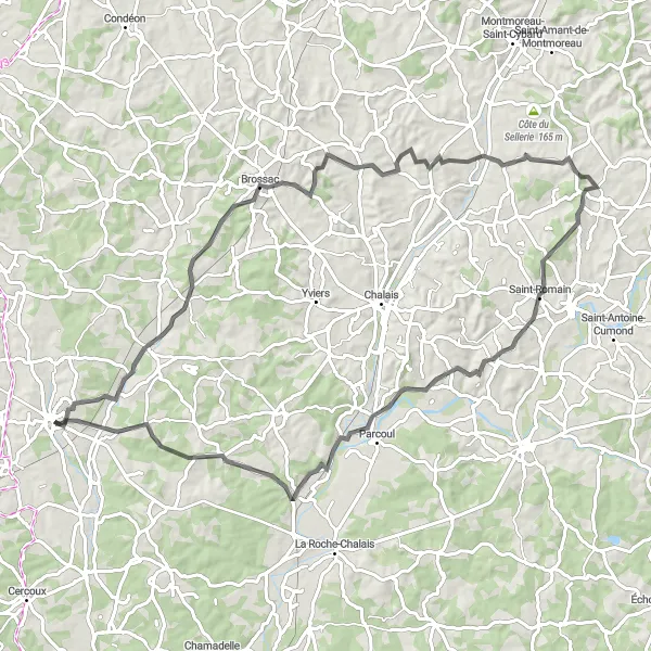Miniature de la carte de l'inspiration cycliste "Boucle à travers le Pays de Montmoreau" dans la Poitou-Charentes, France. Générée par le planificateur d'itinéraire cycliste Tarmacs.app