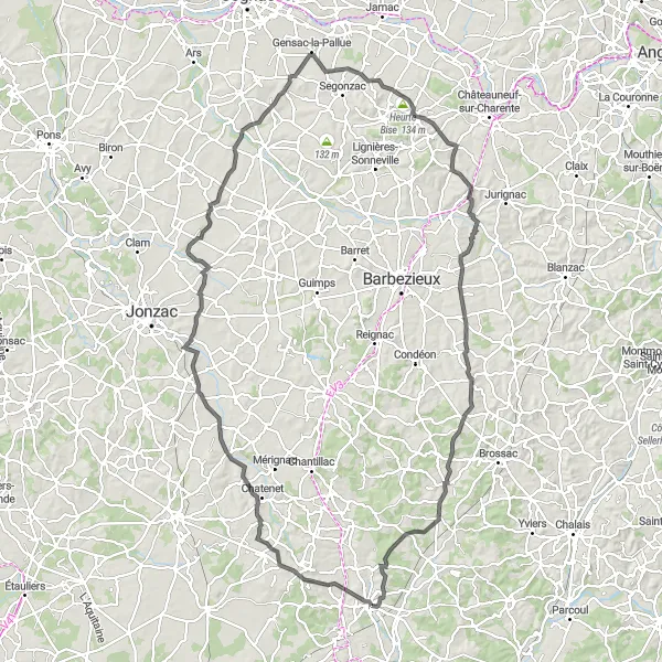 Miniature de la carte de l'inspiration cycliste "Circuit de Château de Chillac" dans la Poitou-Charentes, France. Générée par le planificateur d'itinéraire cycliste Tarmacs.app