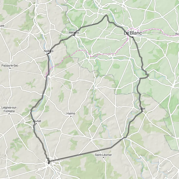 Map miniature of "Mérigny Challenge" cycling inspiration in Poitou-Charentes, France. Generated by Tarmacs.app cycling route planner