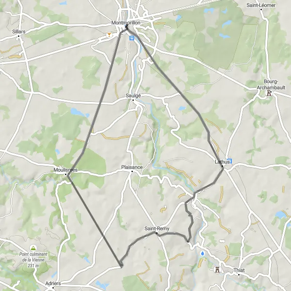 Map miniature of "Lathus Loop" cycling inspiration in Poitou-Charentes, France. Generated by Tarmacs.app cycling route planner