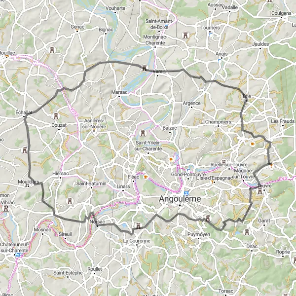 Miniature de la carte de l'inspiration cycliste "Parcours de vélo de route Mornac-Échallat-Brie" dans la Poitou-Charentes, France. Générée par le planificateur d'itinéraire cycliste Tarmacs.app