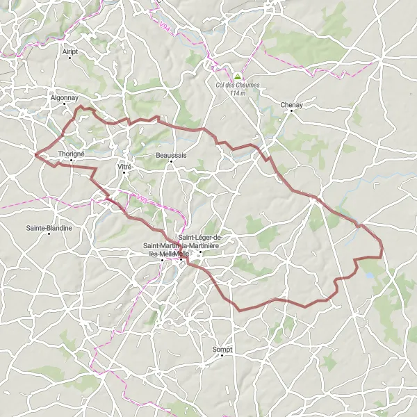 Miniature de la carte de l'inspiration cycliste "Circuit Gravel de Mougon à Celles-sur-Belle et Pouffonds" dans la Poitou-Charentes, France. Générée par le planificateur d'itinéraire cycliste Tarmacs.app