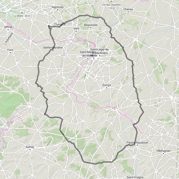 Miniature de la carte de l'inspiration cycliste "Circuit de la Châtaigneraie" dans la Poitou-Charentes, France. Générée par le planificateur d'itinéraire cycliste Tarmacs.app