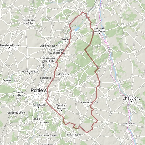 Miniature de la carte de l'inspiration cycliste "Aventure Gravel depuis Naintré" dans la Poitou-Charentes, France. Générée par le planificateur d'itinéraire cycliste Tarmacs.app