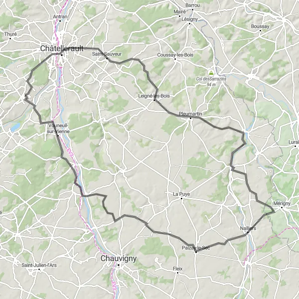 Map miniature of "Naintré to Vouneuil-sur-Vienne Loop" cycling inspiration in Poitou-Charentes, France. Generated by Tarmacs.app cycling route planner