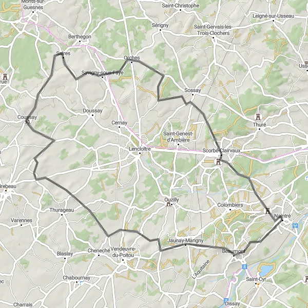 Map miniature of "Naintré to Château de la Tour-de-Naintré" cycling inspiration in Poitou-Charentes, France. Generated by Tarmacs.app cycling route planner