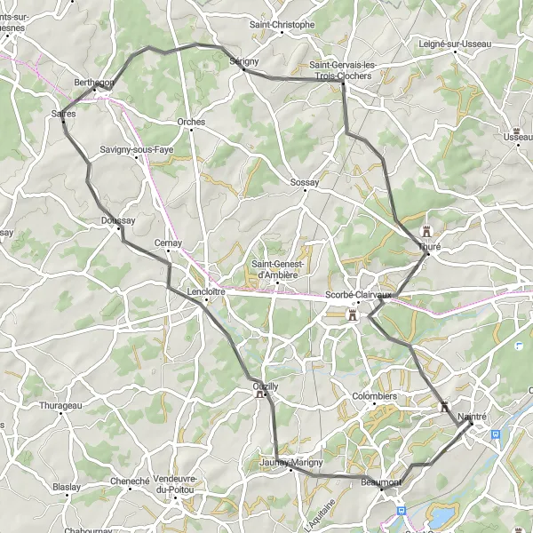 Miniature de la carte de l'inspiration cycliste "Boucle autour de Naintré" dans la Poitou-Charentes, France. Générée par le planificateur d'itinéraire cycliste Tarmacs.app