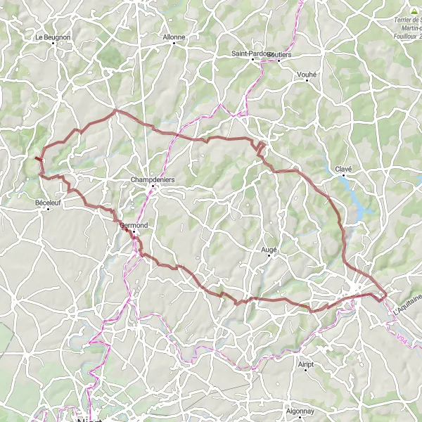 Map miniature of "The Gravel Adventure" cycling inspiration in Poitou-Charentes, France. Generated by Tarmacs.app cycling route planner