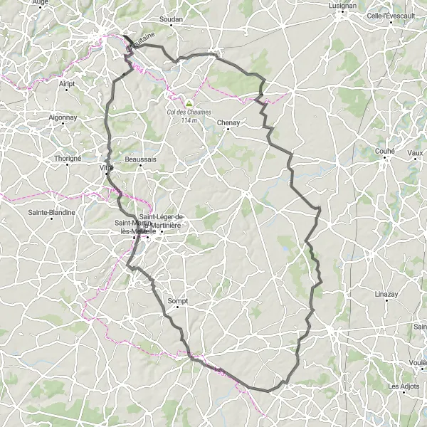 Map miniature of "Rural Tour of Mairé-Levescault" cycling inspiration in Poitou-Charentes, France. Generated by Tarmacs.app cycling route planner