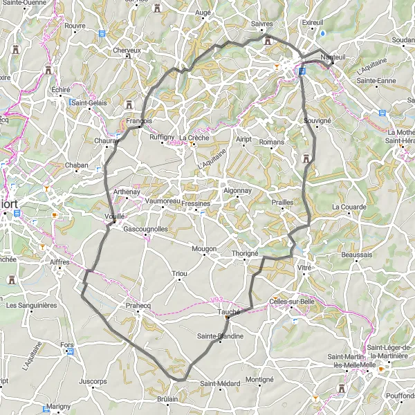 Miniature de la carte de l'inspiration cycliste "Parcours routier entre Saint-Maixent-l'École et La Motte" dans la Poitou-Charentes, France. Générée par le planificateur d'itinéraire cycliste Tarmacs.app