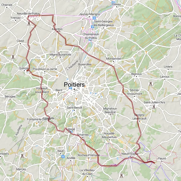 Map miniature of "The Gravel Loop through the Vienne River Valley" cycling inspiration in Poitou-Charentes, France. Generated by Tarmacs.app cycling route planner