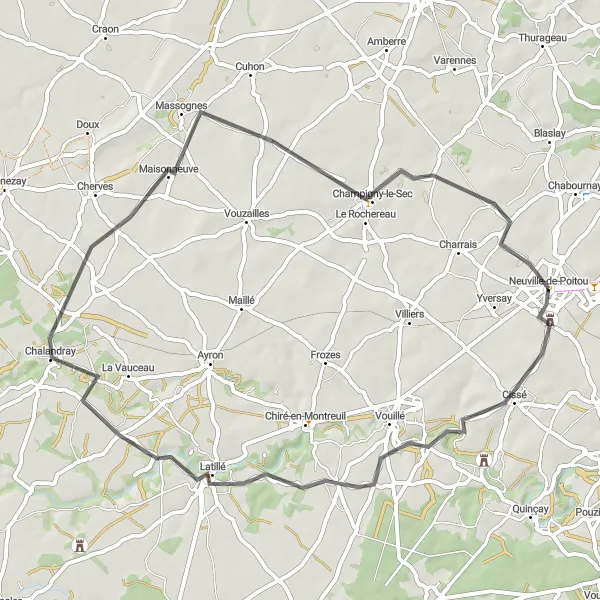 Map miniature of "Traversonne Loop Road Cycling Route" cycling inspiration in Poitou-Charentes, France. Generated by Tarmacs.app cycling route planner