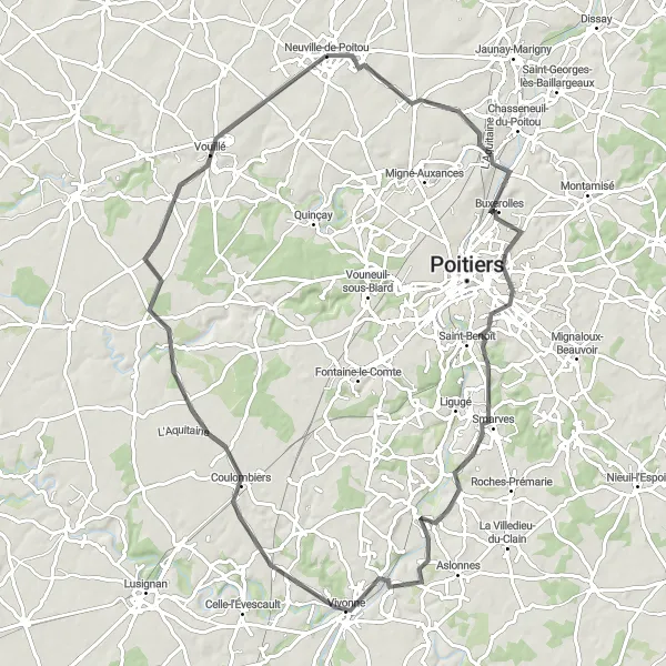 Map miniature of "Smarves to Yversay Road Cycling Route" cycling inspiration in Poitou-Charentes, France. Generated by Tarmacs.app cycling route planner