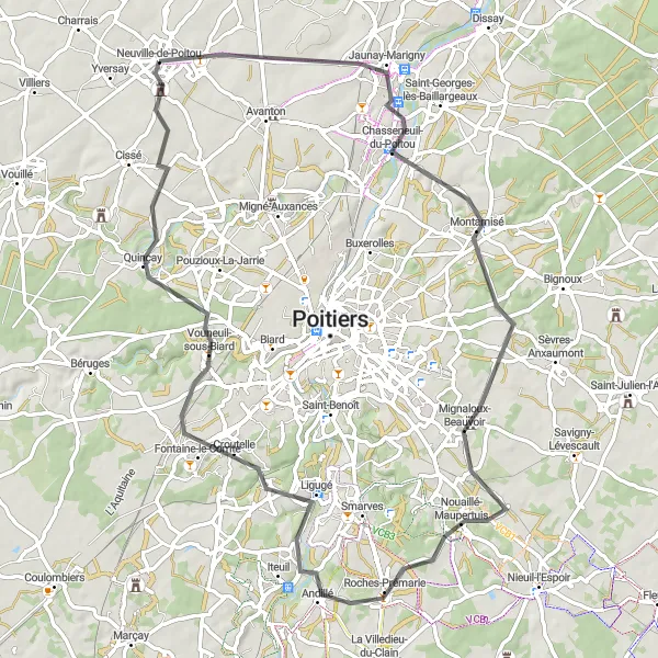 Map miniature of "The Countryside Escape" cycling inspiration in Poitou-Charentes, France. Generated by Tarmacs.app cycling route planner