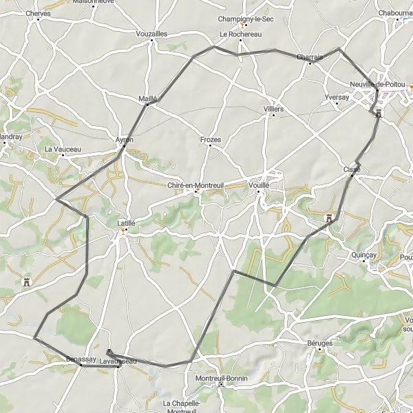 Map miniature of "Neuville-de-Poitou to Le Rochereau Road Cycling Route" cycling inspiration in Poitou-Charentes, France. Generated by Tarmacs.app cycling route planner