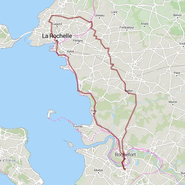 Miniature de la carte de l'inspiration cycliste "Itinéraire de vélo de gravel autour de Nieul-sur-Mer" dans la Poitou-Charentes, France. Générée par le planificateur d'itinéraire cycliste Tarmacs.app