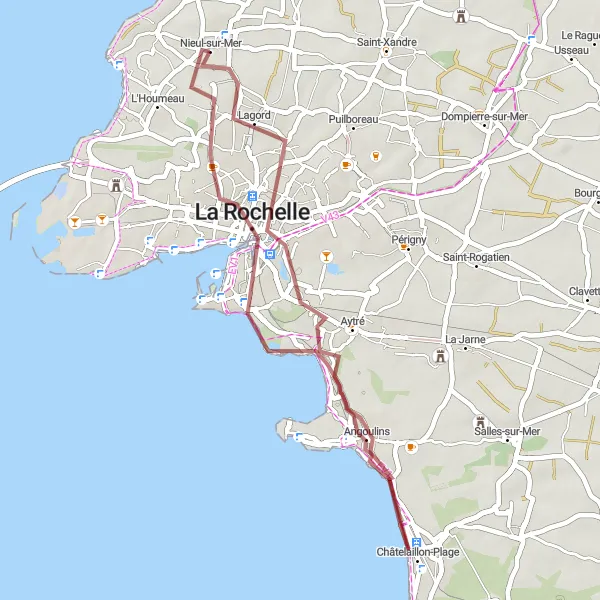 Miniature de la carte de l'inspiration cycliste "Itinéraire en gravel vers Angoulins" dans la Poitou-Charentes, France. Générée par le planificateur d'itinéraire cycliste Tarmacs.app