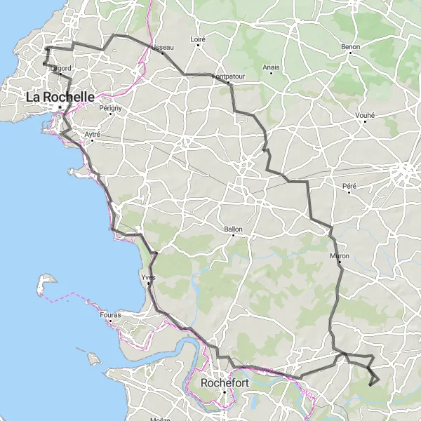 Miniature de la carte de l'inspiration cycliste "Parcours pittoresque entre La Rochelle et Angoulins" dans la Poitou-Charentes, France. Générée par le planificateur d'itinéraire cycliste Tarmacs.app