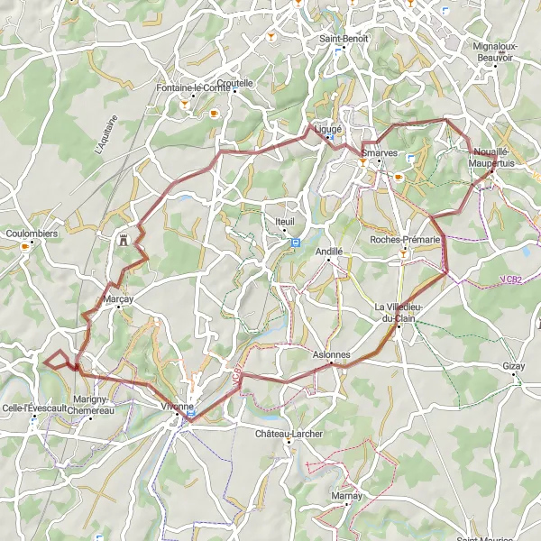 Map miniature of "Gravel Adventure to Vivonne and Bonnevaux Abbey" cycling inspiration in Poitou-Charentes, France. Generated by Tarmacs.app cycling route planner