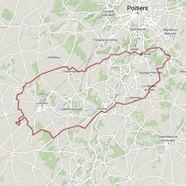 Map miniature of "Gravel Adventure near Nouaillé-Maupertuis" cycling inspiration in Poitou-Charentes, France. Generated by Tarmacs.app cycling route planner