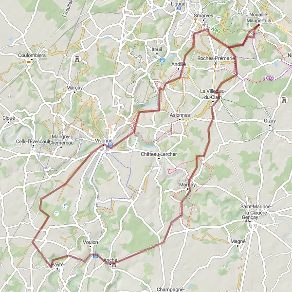 Map miniature of "Scenic Gravel Route near Nouaillé-Maupertuis" cycling inspiration in Poitou-Charentes, France. Generated by Tarmacs.app cycling route planner