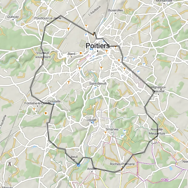 Miniature de la carte de l'inspiration cycliste "Parcours panoramique autour de Nouaillé-Maupertuis" dans la Poitou-Charentes, France. Générée par le planificateur d'itinéraire cycliste Tarmacs.app