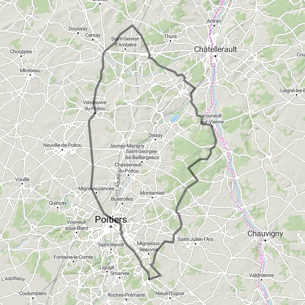 Map miniature of "Discovering Nouaillé-Maupertuis" cycling inspiration in Poitou-Charentes, France. Generated by Tarmacs.app cycling route planner