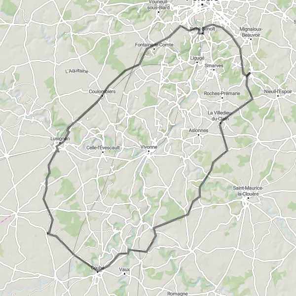 Map miniature of "Scenic Adventure to Marnay and Ceaux-en-Couhé" cycling inspiration in Poitou-Charentes, France. Generated by Tarmacs.app cycling route planner