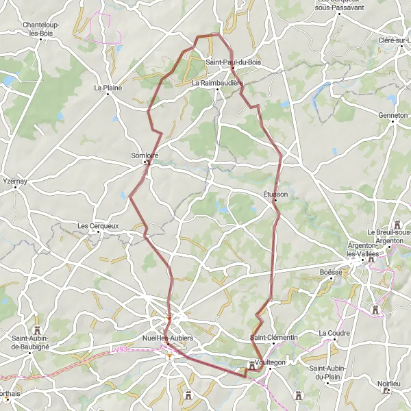 Miniature de la carte de l'inspiration cycliste "Parcours gravel de 50 km au départ de Nueil-les-Aubiers" dans la Poitou-Charentes, France. Générée par le planificateur d'itinéraire cycliste Tarmacs.app