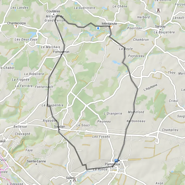 Map miniature of "Cultural Road Cycling Route to Ménigoute" cycling inspiration in Poitou-Charentes, France. Generated by Tarmacs.app cycling route planner