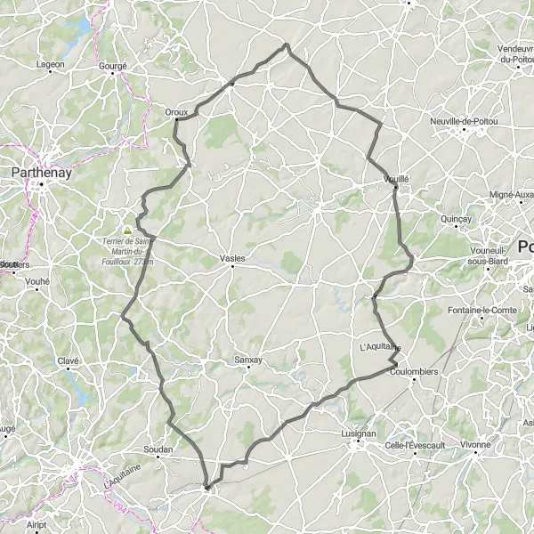 Map miniature of "Epic Road Cycling Route with Serene Rural Landscapes" cycling inspiration in Poitou-Charentes, France. Generated by Tarmacs.app cycling route planner