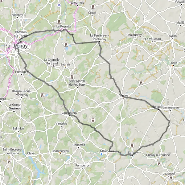 Map miniature of "Parthenay to Vausseroux Loop" cycling inspiration in Poitou-Charentes, France. Generated by Tarmacs.app cycling route planner