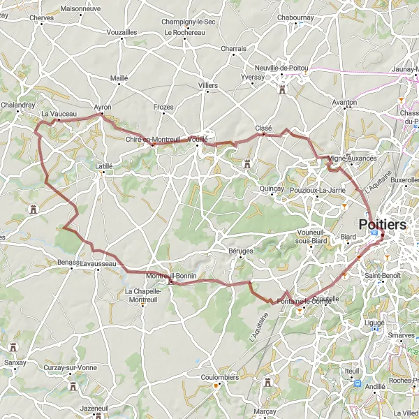 Map miniature of "Poitiers to Croutelle" cycling inspiration in Poitou-Charentes, France. Generated by Tarmacs.app cycling route planner