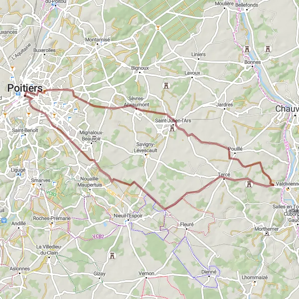 Map miniature of "Poitiers to Sèvres-Anxaumont" cycling inspiration in Poitou-Charentes, France. Generated by Tarmacs.app cycling route planner