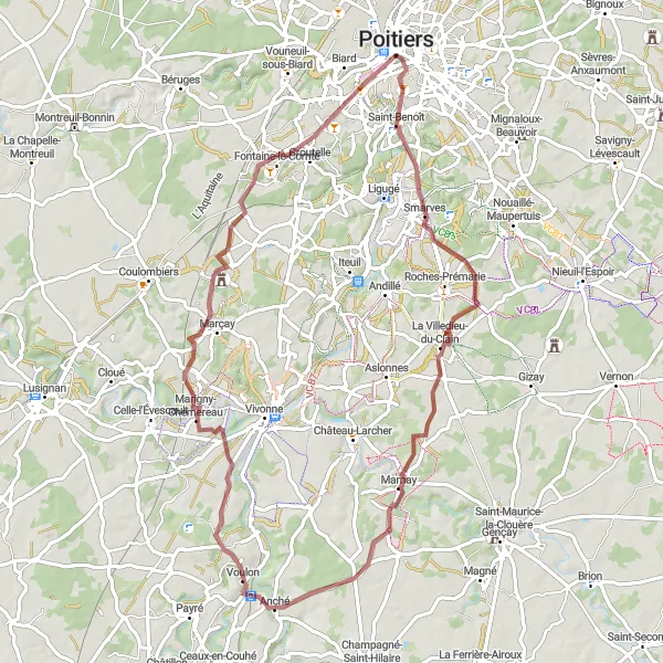 Miniature de la carte de l'inspiration cycliste "Les Châteaux du Clain" dans la Poitou-Charentes, France. Générée par le planificateur d'itinéraire cycliste Tarmacs.app