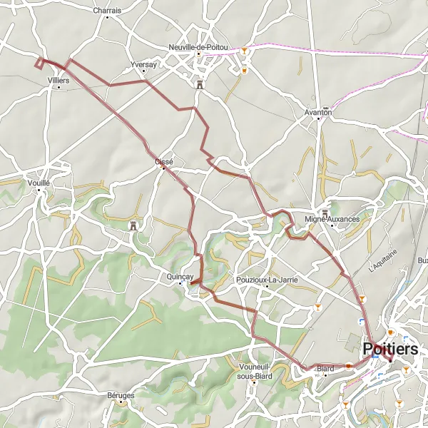 Miniature de la carte de l'inspiration cycliste "Les collines de Poitou" dans la Poitou-Charentes, France. Générée par le planificateur d'itinéraire cycliste Tarmacs.app