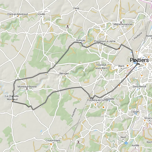Map miniature of "Poitiers to La Chapelle-Montreuil" cycling inspiration in Poitou-Charentes, France. Generated by Tarmacs.app cycling route planner