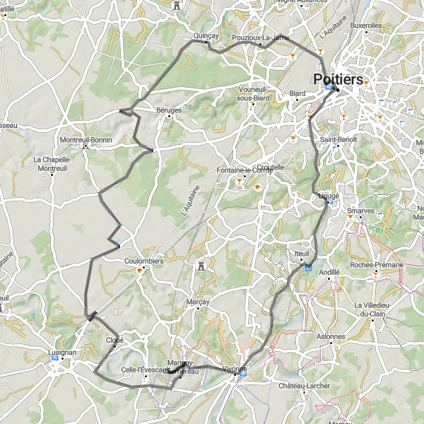 Map miniature of "Poitiers to Quinçay" cycling inspiration in Poitou-Charentes, France. Generated by Tarmacs.app cycling route planner