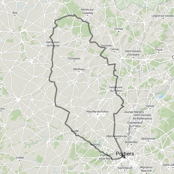 Map miniature of "Poitiers Grand Tour" cycling inspiration in Poitou-Charentes, France. Generated by Tarmacs.app cycling route planner