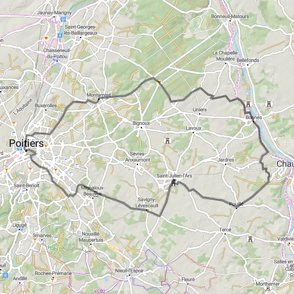 Map miniature of "Poitiers to Abbaye Sainte-Croix" cycling inspiration in Poitou-Charentes, France. Generated by Tarmacs.app cycling route planner