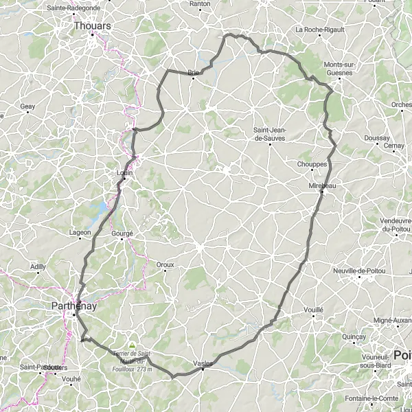 Map miniature of "Tour de Thouet" cycling inspiration in Poitou-Charentes, France. Generated by Tarmacs.app cycling route planner