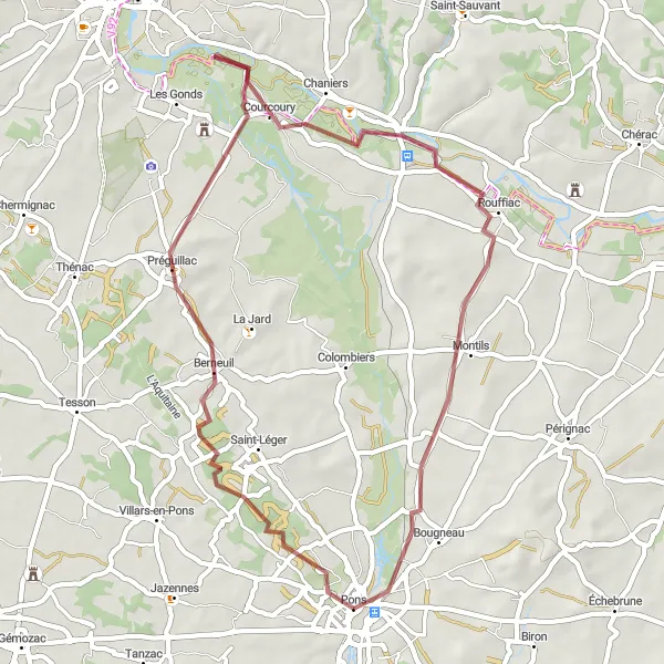 Map miniature of "Gravel Ride from Pons" cycling inspiration in Poitou-Charentes, France. Generated by Tarmacs.app cycling route planner