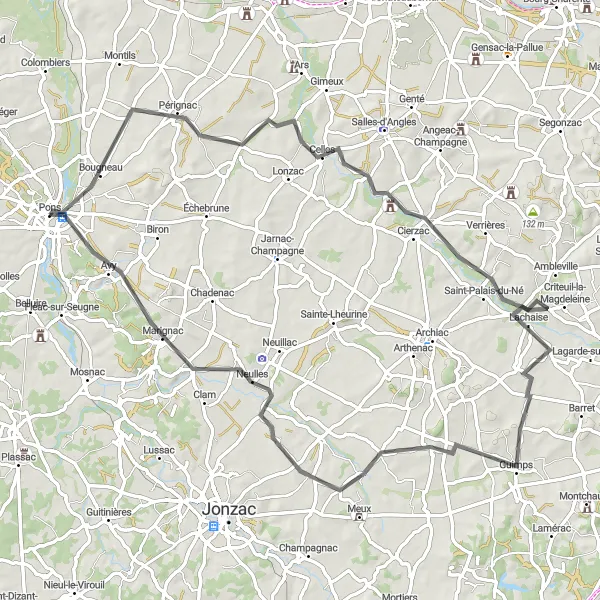 Map miniature of "Road cycling route through Bougneau, Saint-Fort-sur-le-Né, Guimps, Neulles, and Avy" cycling inspiration in Poitou-Charentes, France. Generated by Tarmacs.app cycling route planner