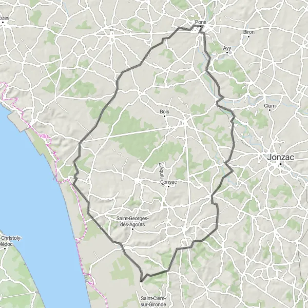Miniature de la carte de l'inspiration cycliste "Circuit de Fléac-sur-Seugne et Saint-Bonnet-sur-Gironde" dans la Poitou-Charentes, France. Générée par le planificateur d'itinéraire cycliste Tarmacs.app