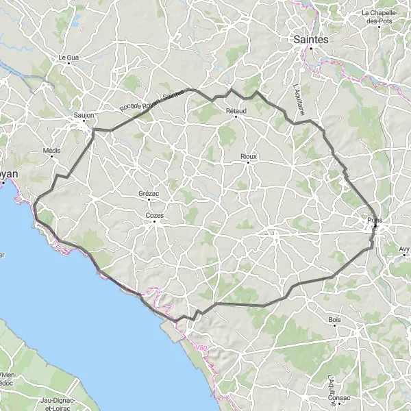 Map miniature of "Scenic road cycling route through Saint-Quantin-de-Rançanne, Barzan, Meschers-sur-Gironde, Estuaire, Pisany, Chermignac, and Berneuil" cycling inspiration in Poitou-Charentes, France. Generated by Tarmacs.app cycling route planner