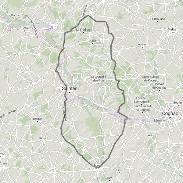 Map miniature of "Challenging road cycling route from Pons to Taillebourg, Saint-Bris-des-Bois, Dompierre-sur-Charente, and Bougneau" cycling inspiration in Poitou-Charentes, France. Generated by Tarmacs.app cycling route planner
