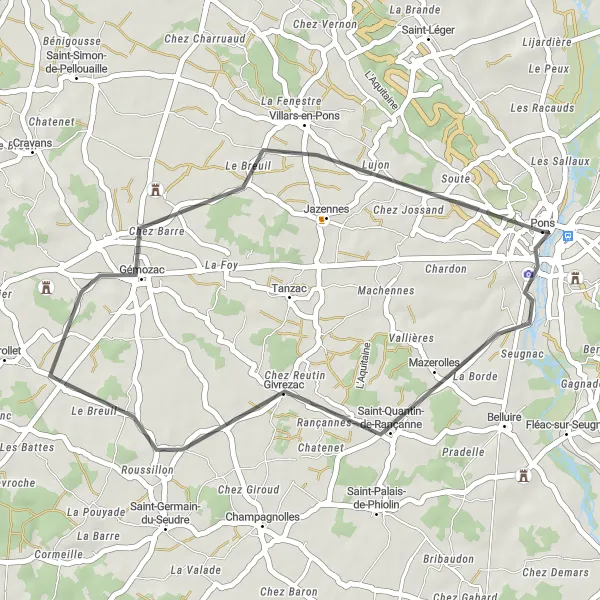 Map miniature of "Gémozac Loop" cycling inspiration in Poitou-Charentes, France. Generated by Tarmacs.app cycling route planner