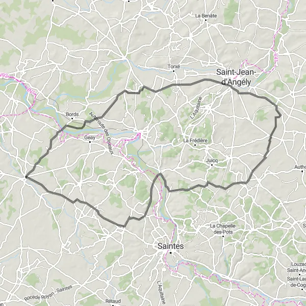 Miniature de la carte de l'inspiration cycliste "Boucle de Beurlay et Sainte-Même" dans la Poitou-Charentes, France. Générée par le planificateur d'itinéraire cycliste Tarmacs.app