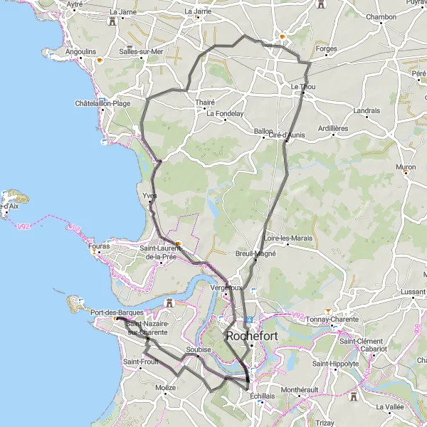 Miniature de la carte de l'inspiration cycliste "Bike Tour à travers les Villages de Charente" dans la Poitou-Charentes, France. Générée par le planificateur d'itinéraire cycliste Tarmacs.app