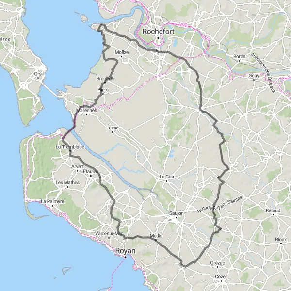 Map miniature of "Coastal Tour to Port-des-Barques" cycling inspiration in Poitou-Charentes, France. Generated by Tarmacs.app cycling route planner